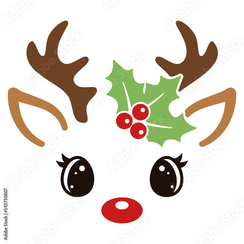 Cute reindeer face on white background. Holly plant with berries. Forest cartoon animal. Flat style design. Holiday print. Vector illustration.