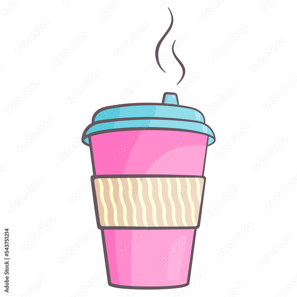 Hot pink coffee paper cup with steam and thermo holder drawing in ...