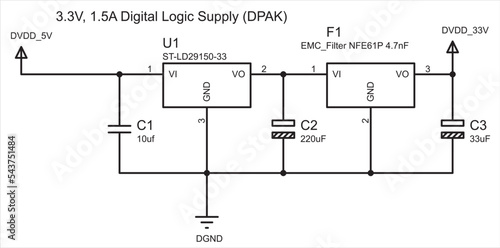 Digital logic power supply. Schematic diagram of electronic device. Vector drawing electrical circuit with capacitor, ground and power symbols and other electronic components.