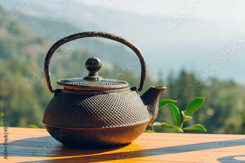 Brown iron teapot outdoor on wooden background. Travel, outdoor breakfast, picnic, brunch