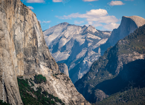 Canvas Print View of Yosemite Valley from Tunnel View scenic viewpoint, zoomed in to highlight the sheer granite wall cliffs of El Capitan (left) and Half Dome (right)