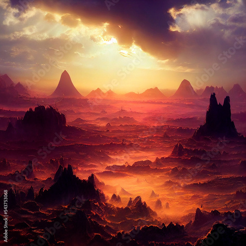 Mountain range under the sunset sky, orange mist spreads over the peaks. High quality photo