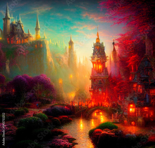 Beautiful fabulous city located on the river. Warm light in houses and lanterns. High quality illustration
