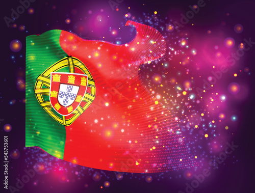 Portugal, vector 3d flag on pink purple background with lighting and flares