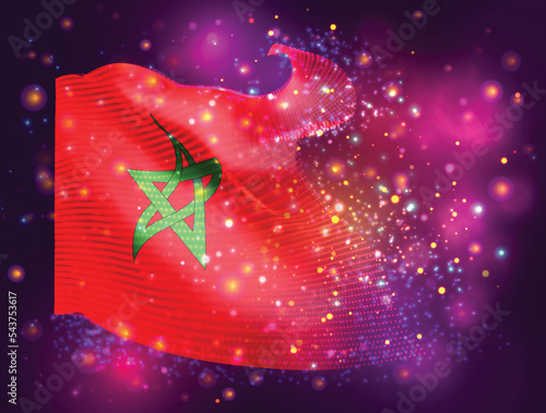 Morocco, vector 3d flag on pink purple background with lighting and flares