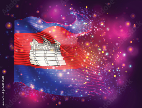 Cambodia, vector 3d flag on pink purple background with lighting and flares