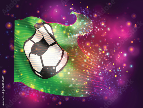 Football, on vector 3d flag on pink purple background with lighting and flares