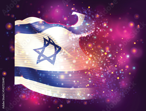 Israel, vector 3d flag on pink purple background with lighting and flares