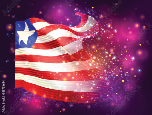 Liberia, vector 3d flag on pink purple background with lighting and flares