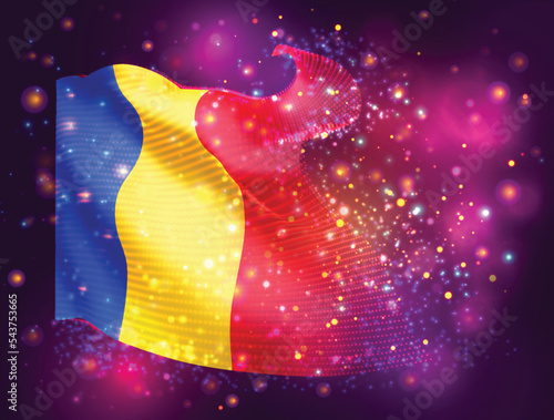 Romania, vector 3d flag on pink purple background with lighting and flares