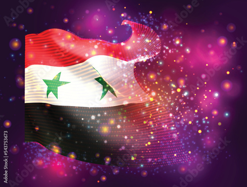 Syria, vector 3d flag on pink purple background with lighting and flares