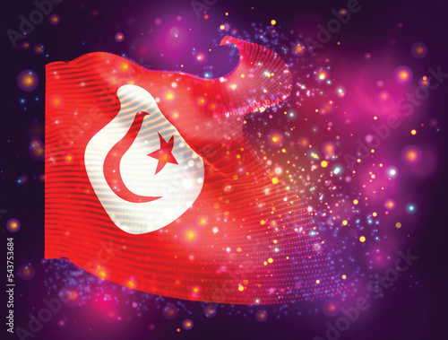 Tunisia, vector 3d flag on pink purple background with lighting and flares