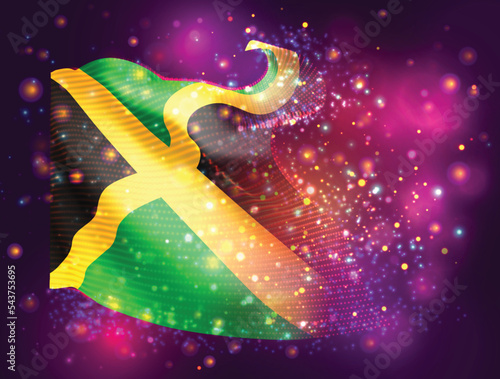 Jamaica, vector 3d flag on pink purple background with lighting and flares