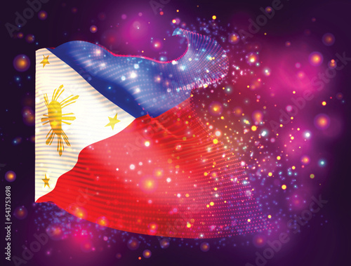 Philippines, vector 3d flag on pink purple background with lighting and flares