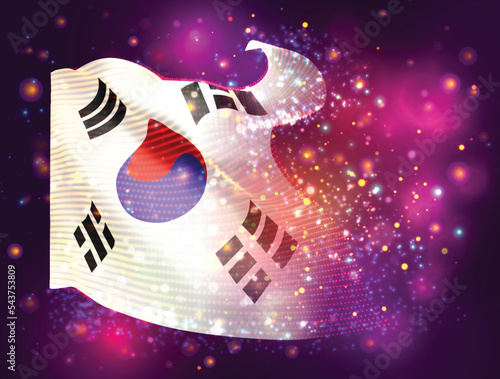 Korea, vector 3d flag on pink purple background with lighting and flares