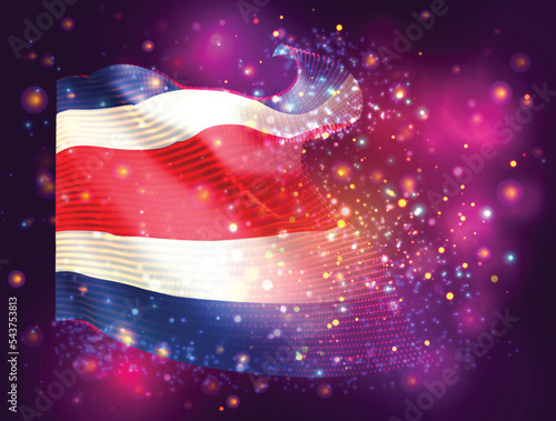 Costa Rica, vector 3d flag on pink purple background with lighting and flares