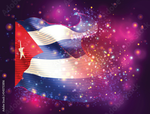 Cuba, vector 3d flag on pink purple background with lighting and flares
