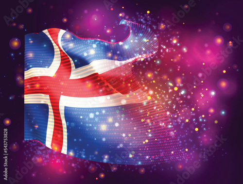 Iceland, vector 3d flag on pink purple background with lighting and flares
