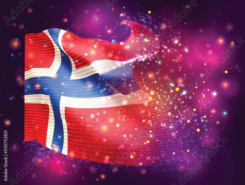 Norway, vector 3d flag on pink purple background with lighting and flares