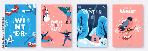 Winter background collection. Season illustrations with decorative elements of winter nature, people, activities. Wintry scenes . Ideal for greeting card, poster, invitation, discount voucher.