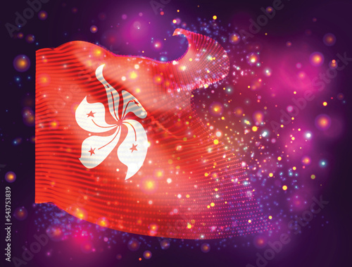 Hong Kong, vector 3d flag on pink purple background with lighting and flares
