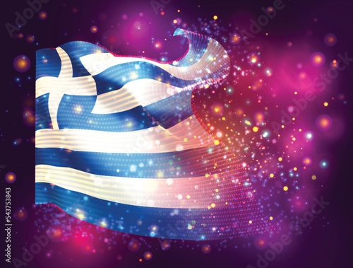 Greece, vector 3d flag on pink purple background with lighting and flares