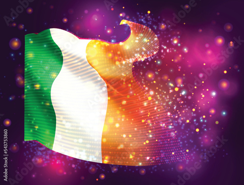 Ireland, vector 3d flag on pink purple background with lighting and flares