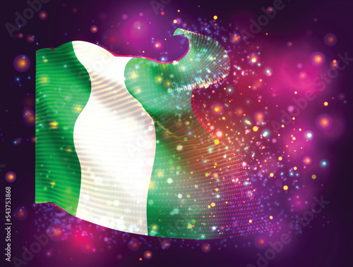 Nigeria, vector 3d flag on pink purple background with lighting and flares