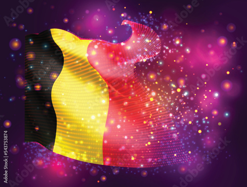 Belgium, vector 3d flag on pink purple background with lighting and flares