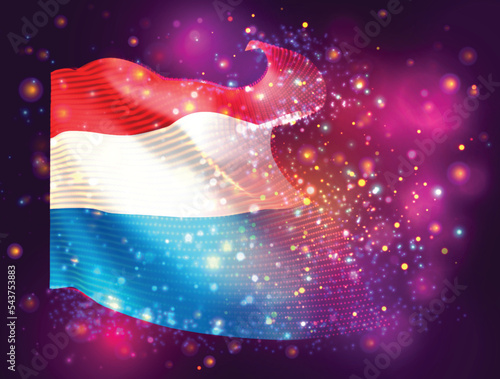 Luxembourg, vector 3d flag on pink purple background with lighting and flares