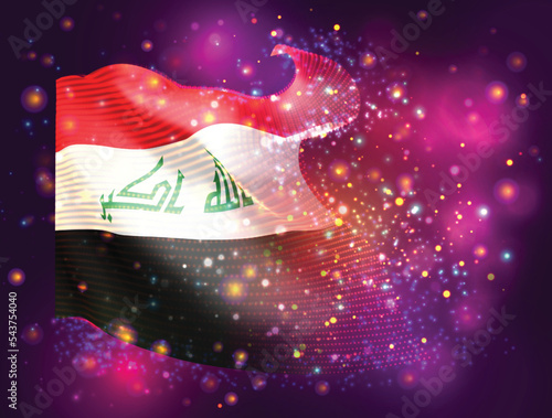 Iraq, vector 3d flag on pink purple background with lighting and flares