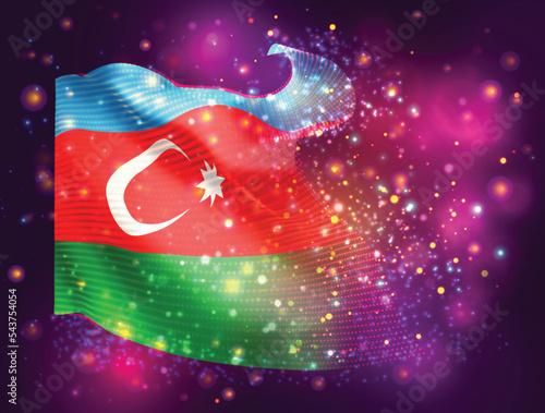 Azerbaijan, vector 3d flag on pink purple background with lighting and flares