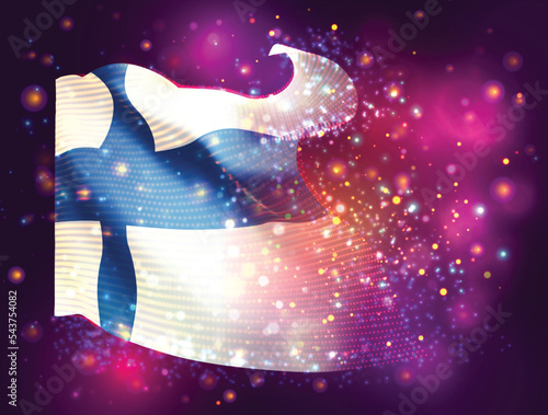 Finland, vector 3d flag on pink purple background with lighting and flares