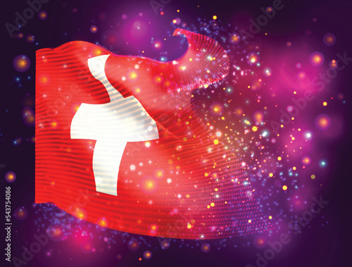 Switzerland, vector 3d flag on pink purple background with lighting and flares