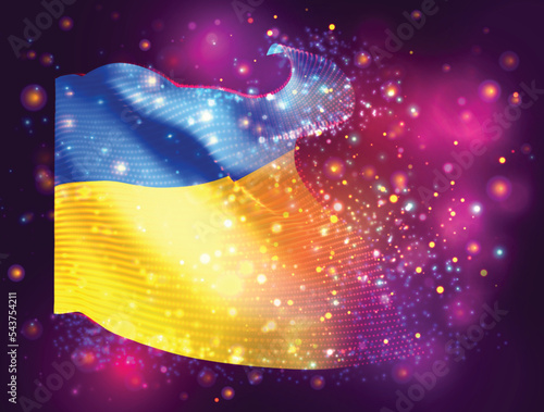 Ukraine, vector 3d flag on pink purple background with lighting and flares