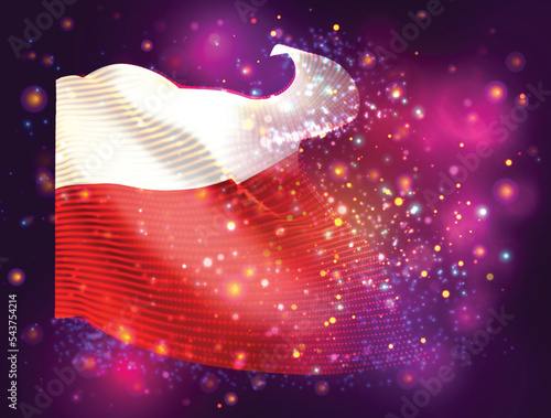 Poland, vector 3d flag on pink purple background with lighting and flares