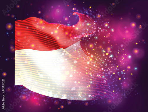 Indonesia, Monaco, vector 3d flag on pink purple background with lighting and flares