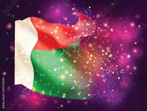 Madagascar, vector 3d flag on pink purple background with lighting and flares