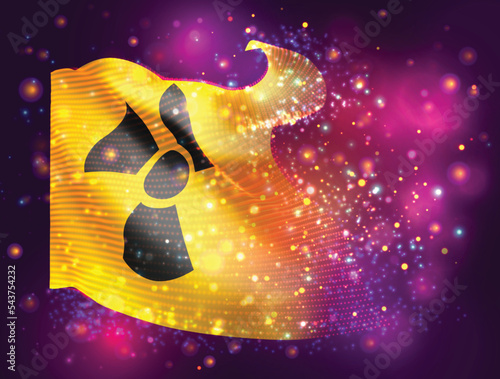 Atomic, on vector 3d flag on pink purple background with lighting and flares