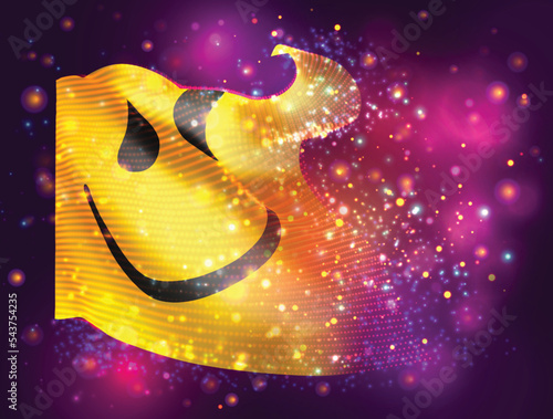 Smile, on vector 3d flag on pink purple background with lighting and flares