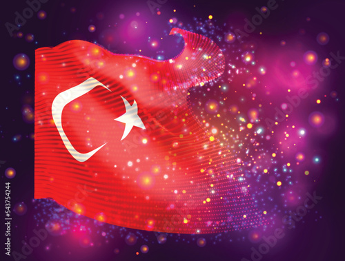 Turkey, vector 3d flag on pink purple background with lighting and flares