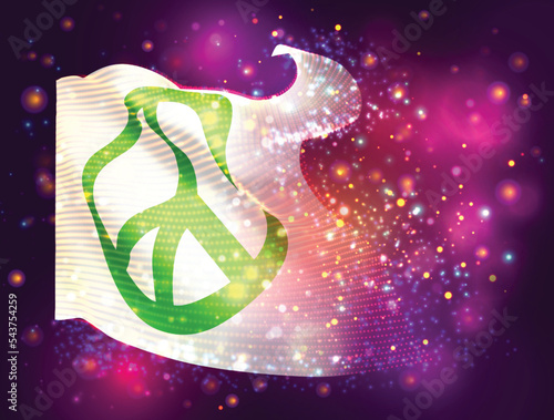 Peace, on vector 3d flag on pink purple background with lighting and flares
