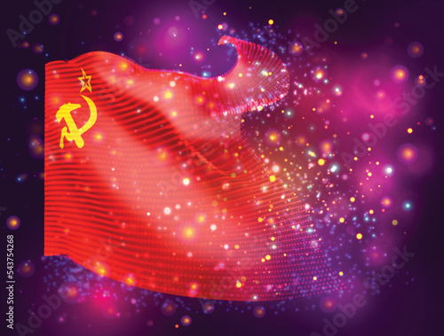 USSR, vector 3d flag on pink purple background with lighting and flares