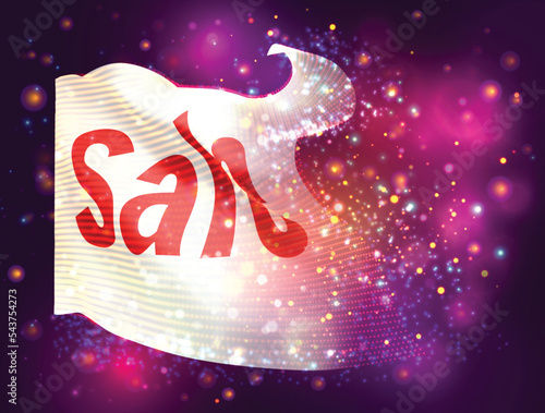 Discount, on vector 3d flag on pink purple background with lighting and flares