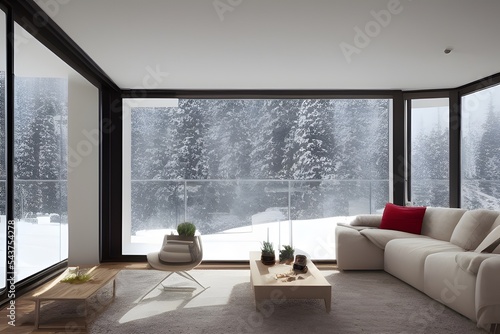 3d rendering illustration of interior with snow outside