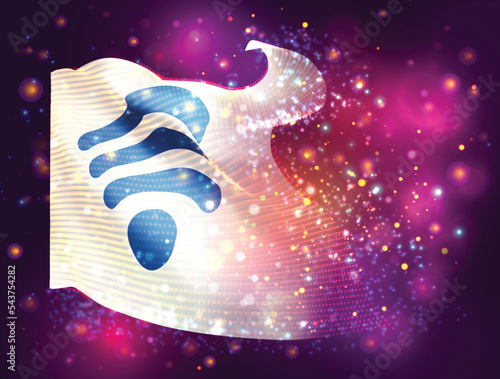 Wi-Fi, on vector 3d flag on pink purple background with lighting and flares