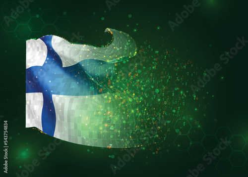 Finland, on vector 3d flag on green background with polygons and data numbers