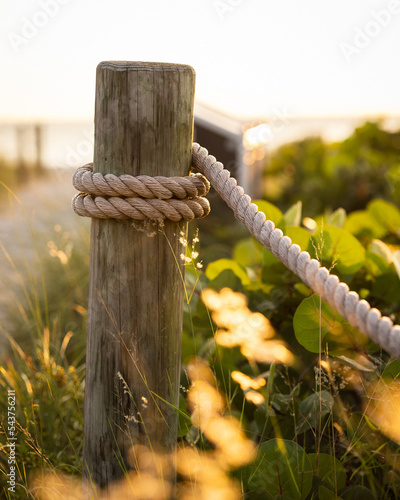 A close-up shot of a wood piling tied to a rope making a beach path.