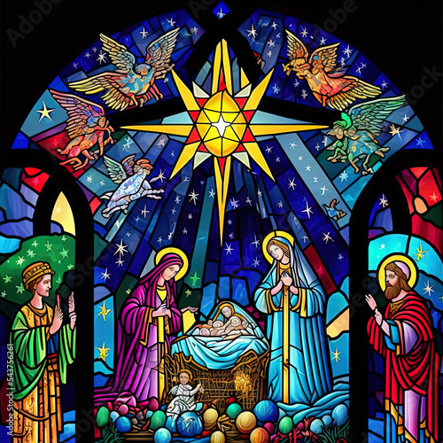 stained glass nativity window in church