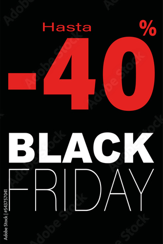 carte ou bandeau pour les Black Friday en blanc avec des réductions allant jusqu'à moins 40% en rouge le tout sur un fond noir